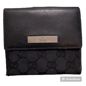 Gucci Vintage Black Leather & Canvas GG Print Small Unisex Bifold Wallet